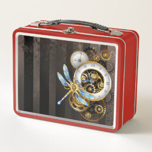 Steampunk Clock with Mechanical Dragonfly Metal Lunch Box
