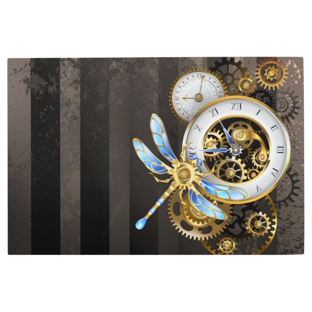 Steampunk Clock with Mechanical Dragonfly Metal Print (Front)