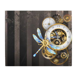 Steampunk Clock with Mechanical Dragonfly Metal Print