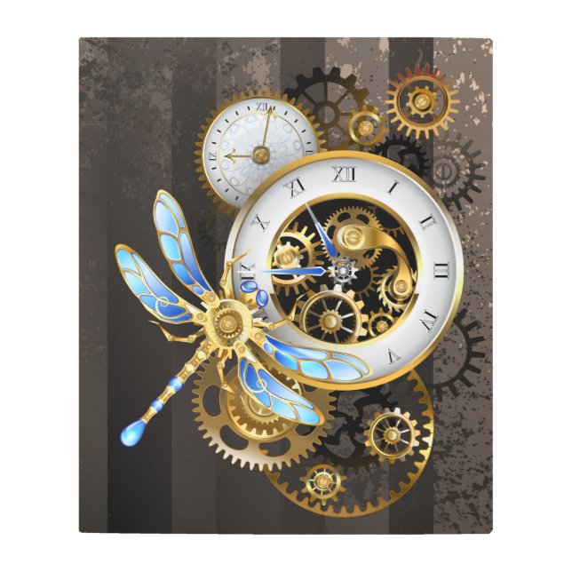 Steampunk Clock with Mechanical Dragonfly Metal Print (Front)