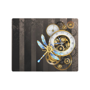 Steampunk Clock with Mechanical Dragonfly Metal Print