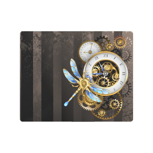 Steampunk Clock with Mechanical Dragonfly Metal Print (Front)