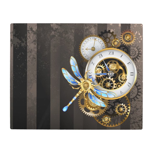 Steampunk Clock with Mechanical Dragonfly Metal Print (Front)