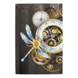 Steampunk Clock with Mechanical Dragonfly Metal Print