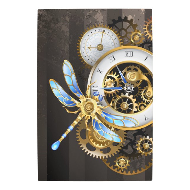 Steampunk Clock with Mechanical Dragonfly Metal Print (Front)