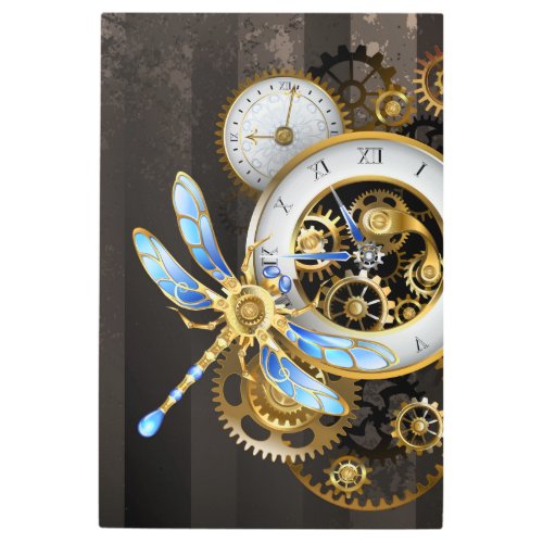 Steampunk Clock with Mechanical Dragonfly Metal Print