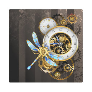 Steampunk Clock with Mechanical Dragonfly Metal Print