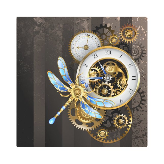 Steampunk Clock with Mechanical Dragonfly Metal Print (Front)