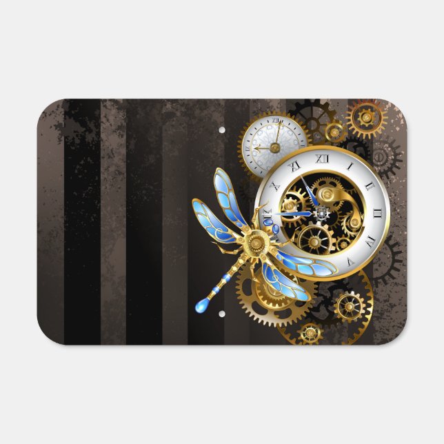 Steampunk Clock with Mechanical Dragonfly Metal Sign (Front)