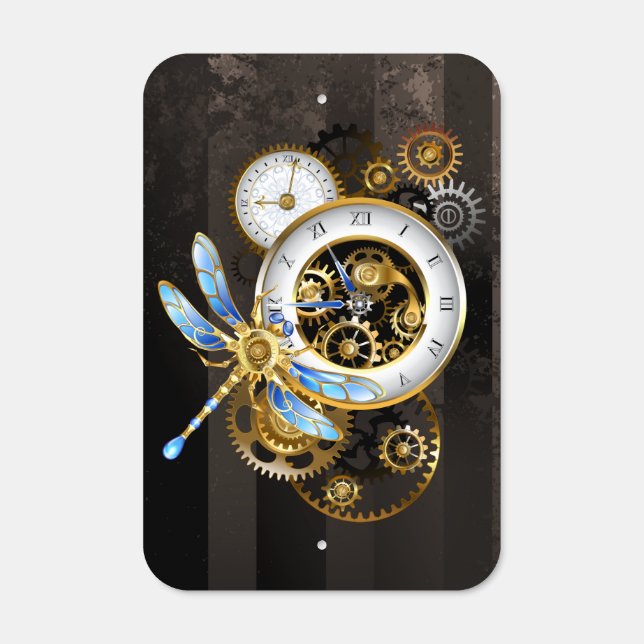 Steampunk Clock with Mechanical Dragonfly Metal Sign (Front)