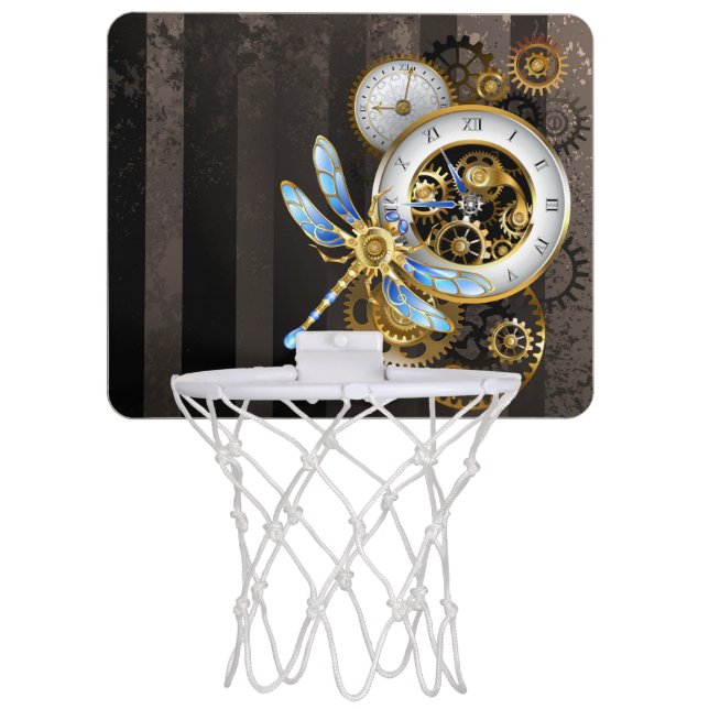 Steampunk Clock with Mechanical Dragonfly Mini Basketball Hoop (Front)