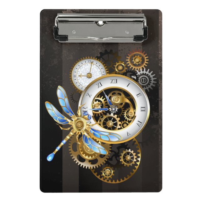 Steampunk Clock with Mechanical Dragonfly Mini Clipboard (Front)