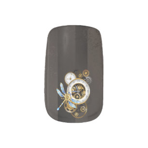 Steampunk Clock with Mechanical Dragonfly Minx Nail Art