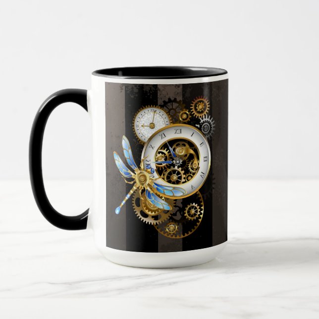 Steampunk Clock with Mechanical Dragonfly Mug (Left)