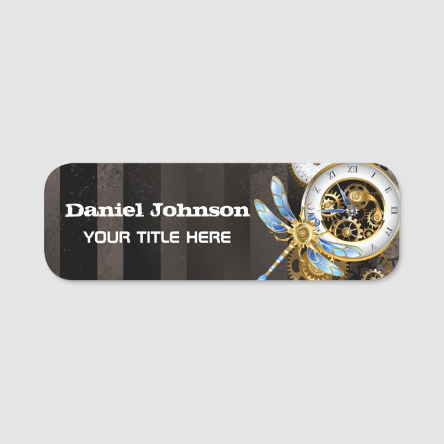 Steampunk Clock with Mechanical Dragonfly Name Tag (Front)