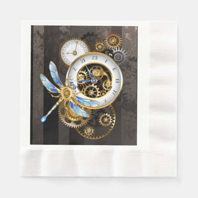 Steampunk Clock with Mechanical Dragonfly Napkins (Front)