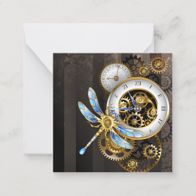 Steampunk Clock with Mechanical Dragonfly Note Card (Front)