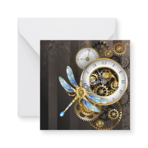 Steampunk Clock with Mechanical Dragonfly Note Card