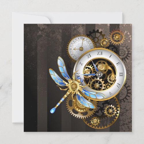 Steampunk Clock with Mechanical Dragonfly Note Card