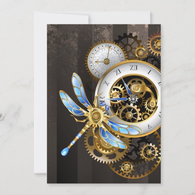 Steampunk Clock with Mechanical Dragonfly Note Card (Front)