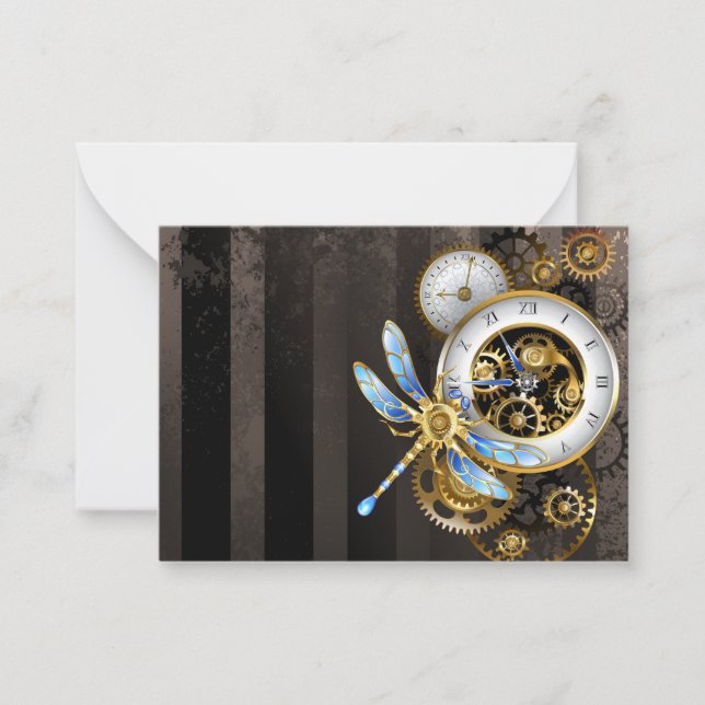 Steampunk Clock with Mechanical Dragonfly Note Card (Front)