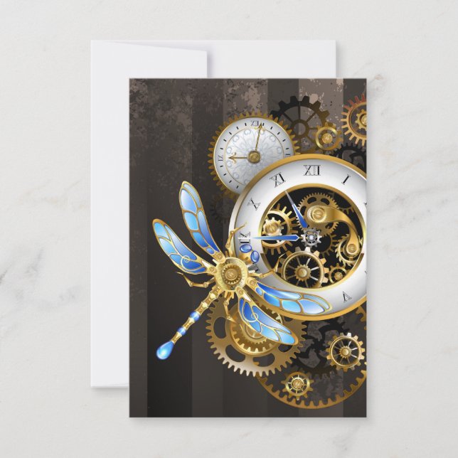 Steampunk Clock with Mechanical Dragonfly Note Card (Front)