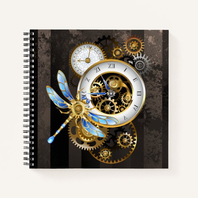 Steampunk Clock with Mechanical Dragonfly Notebook (Front)