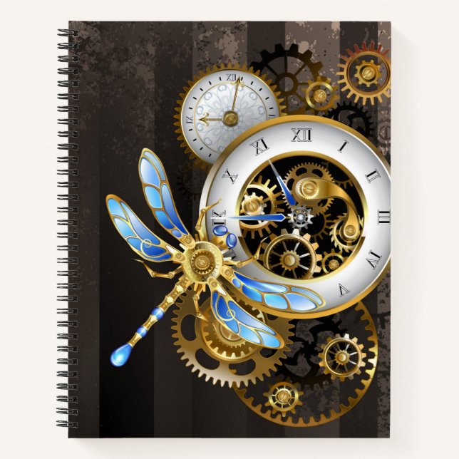 Steampunk Clock with Mechanical Dragonfly Notebook (Front)