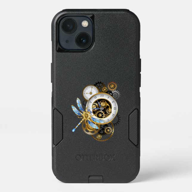Steampunk Clock with Mechanical Dragonfly Otterbox iPhone Case (Back)