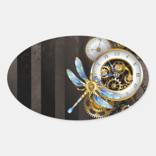 Steampunk Clock with Mechanical Dragonfly Oval Sticker