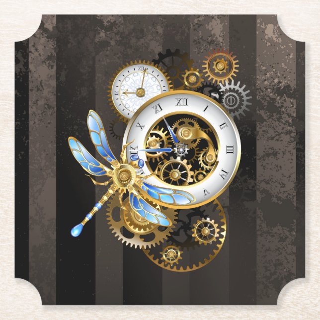 Steampunk Clock with Mechanical Dragonfly Paper Coaster (Front)