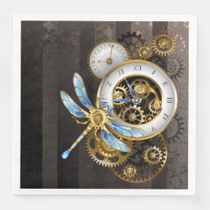 Steampunk Clock with Mechanical Dragonfly Paper Dinner Napkins