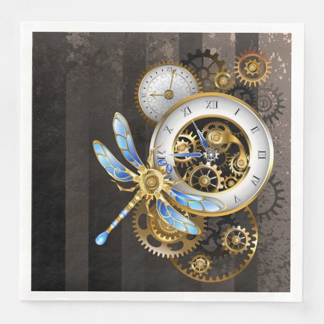 Steampunk Clock with Mechanical Dragonfly Paper Dinner Napkins (Front)