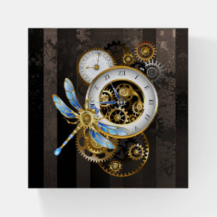Steampunk Clock with Mechanical Dragonfly Paperweight