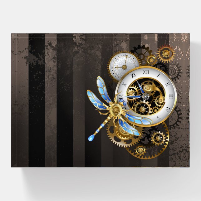 Steampunk Clock with Mechanical Dragonfly Paperweight (Front)