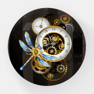 Steampunk Clock with Mechanical Dragonfly Paperweight