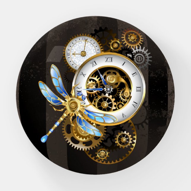 Steampunk Clock with Mechanical Dragonfly Paperweight (Front)