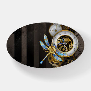 Steampunk Clock with Mechanical Dragonfly Paperweight