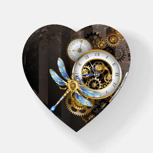Steampunk Clock with Mechanical Dragonfly Paperweight (Front)