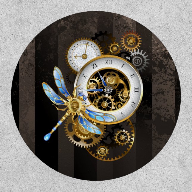 Steampunk Clock with Mechanical Dragonfly Patch (Front)