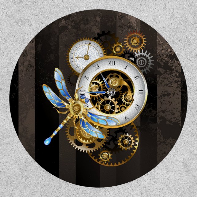 Steampunk Clock with Mechanical Dragonfly Patch (Front)