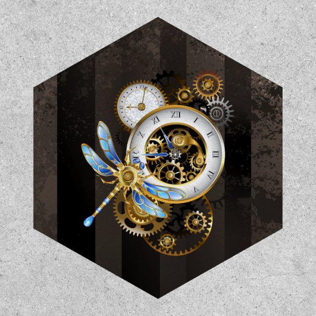 Steampunk Clock with Mechanical Dragonfly Patch (Front)