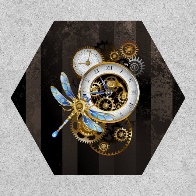 Steampunk Clock with Mechanical Dragonfly Patch (Front)