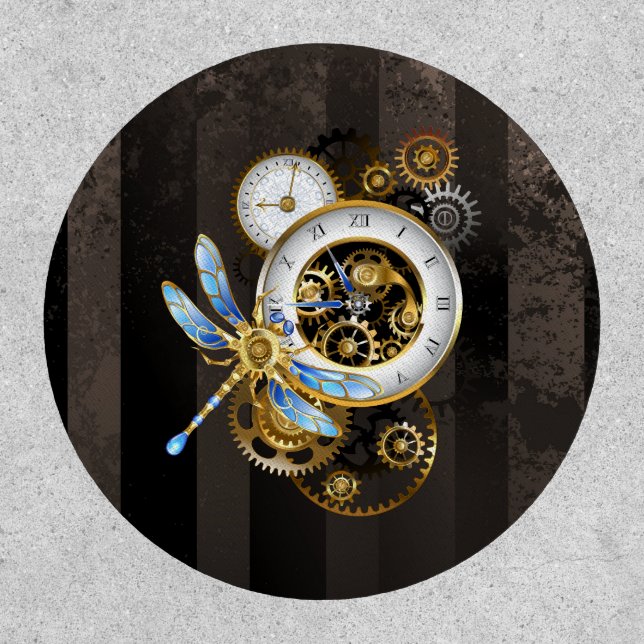 Steampunk Clock with Mechanical Dragonfly Patch (Front)