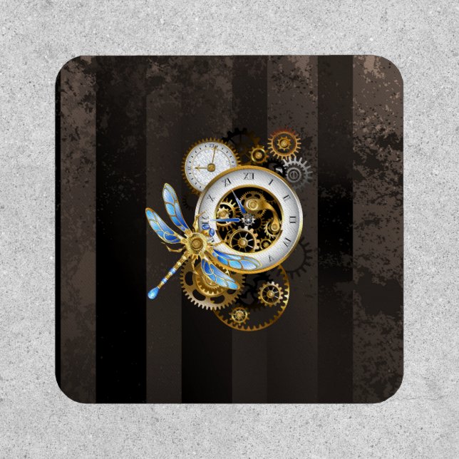 Steampunk Clock with Mechanical Dragonfly Patch (Front)