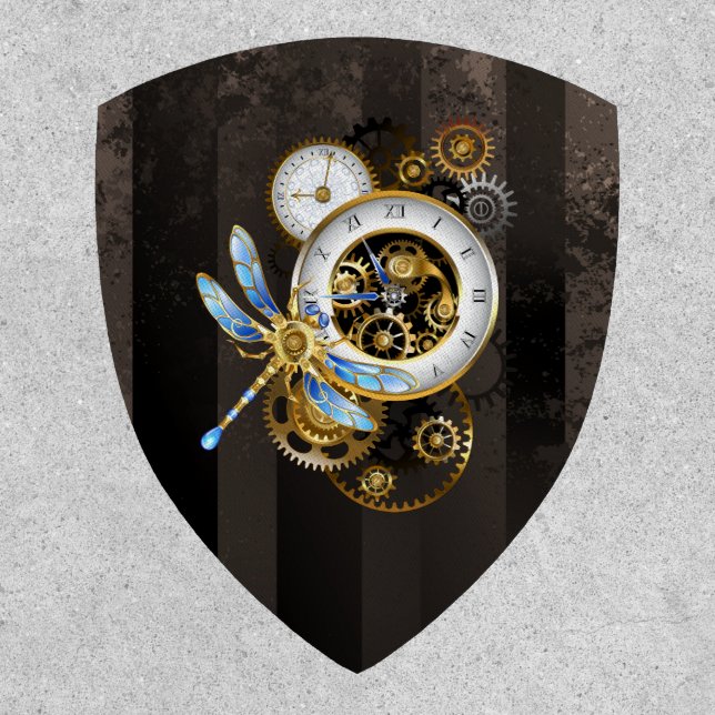 Steampunk Clock with Mechanical Dragonfly Patch (Front)