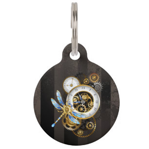 Steampunk Clock with Mechanical Dragonfly Pet ID Tag