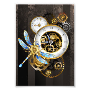 Steampunk Clock with Mechanical Dragonfly Photo Print