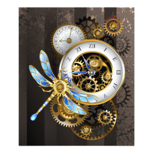 Steampunk Clock with Mechanical Dragonfly Photo Print