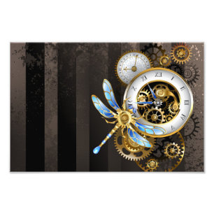Steampunk Clock with Mechanical Dragonfly Photo Print